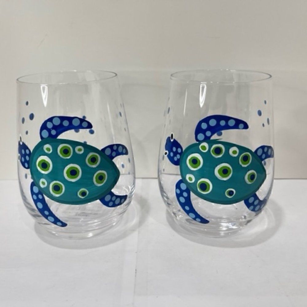 2 Stemless Wine Glasses Turtle - Blue December Diamonds New NWT Excellent - New